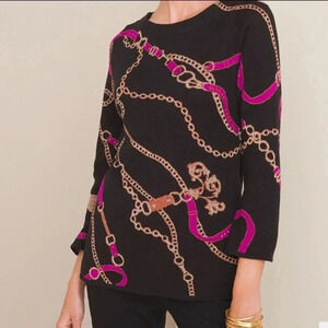 Chicos 3 (XL) Jacquard Sweater Black Purple Equestrian Bridle & Chain Print